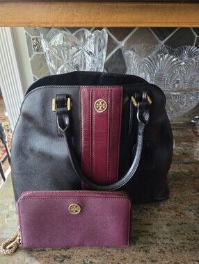 Tory Burch Black & Burgundy Leather Satchel with Matching Wallet